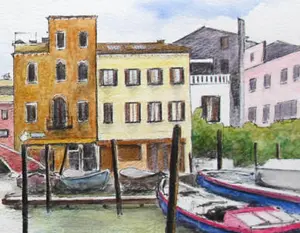 How to paint convincing water, foliage, and a gondola with watercolour pencils. Horizontal blending, reflection techniques, and foliage colour mixing.