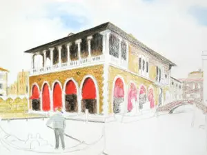 Two approaches to painting Venetian architecture with watercolour pencils. Colour foundations for sunlit walls, grisaille underpainting for shadow