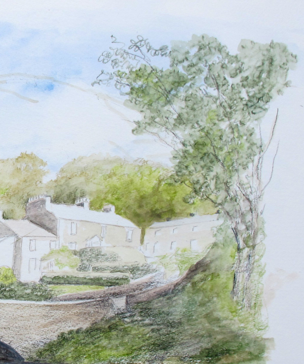 Applying watercolour pencil scribbles for foliage on the right side of the Brokken Bridge scene. Applying watercolour pencil scribbles for foliage on the right side of the Brokken Bridge scene.