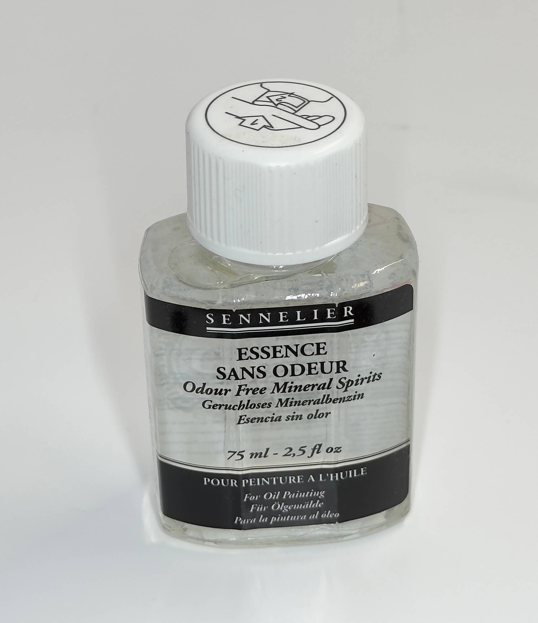 Bottle of Sennelier Odour Free Mineral Spirits, an artist-grade OMS solvent for oil painting and coloured pencil blending.