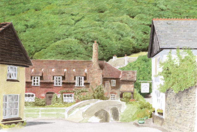 The central house in our colored pencil drawing is complete