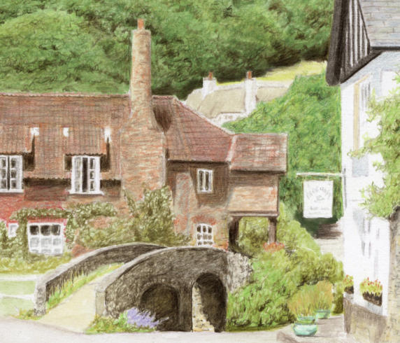 The completed bridge in our colored pencil drawing