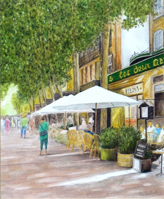 A French cafe scene in watercolor pencils A French cafe scene in watercolor pencils