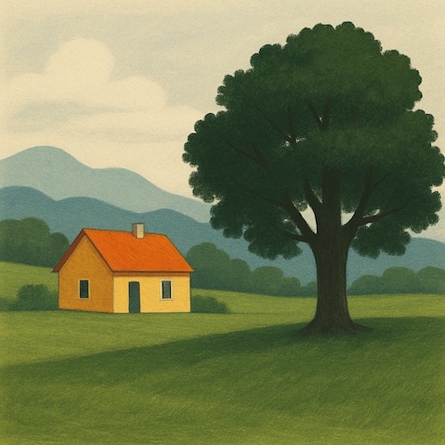 Landscape illustration demonstrating asymmetrical balance, with a large dark tree on the right counterbalanced by a smaller yellow house and hills on the left.