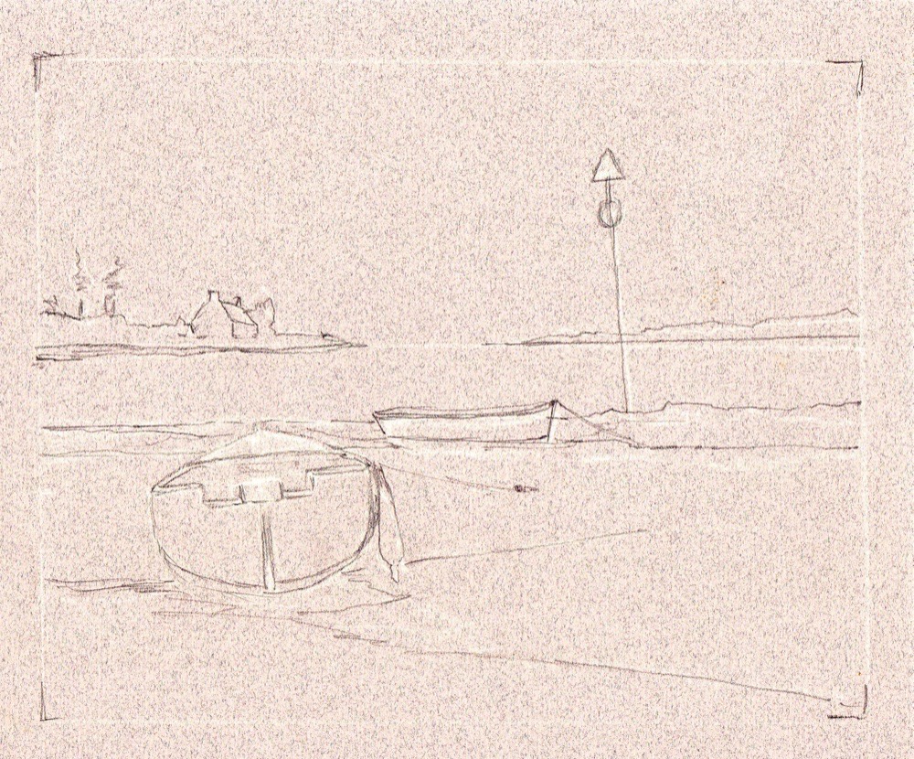 Light pencil outline of the Breton boat, shoreline and marker post on neutral pastel paper