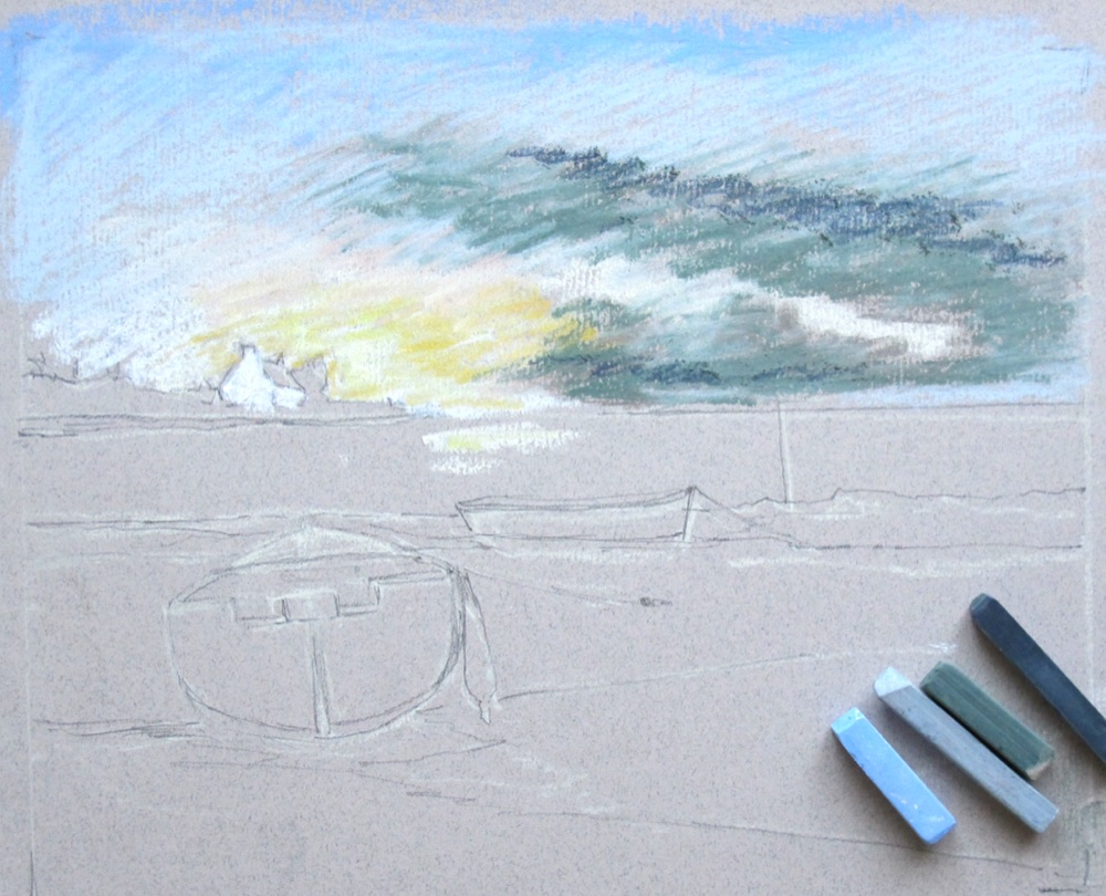 Grey and purple cloud darks added over the sky foundation in pastel