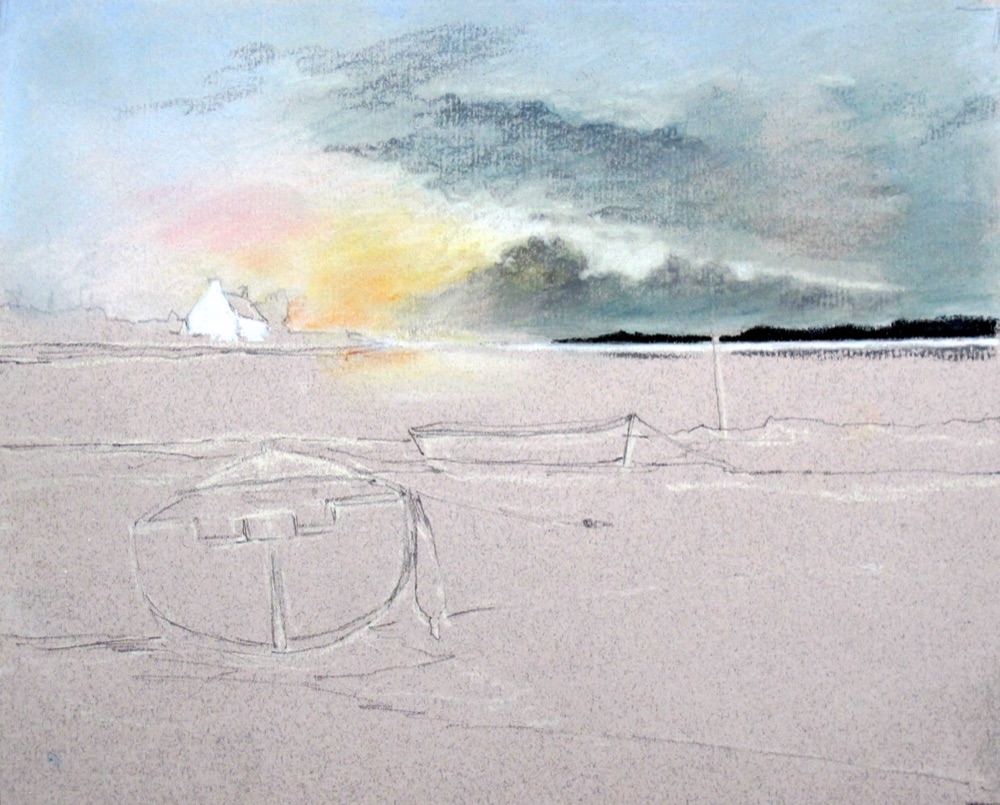 Near land and white cottage worked in on the left, sky now complete down to the waterline