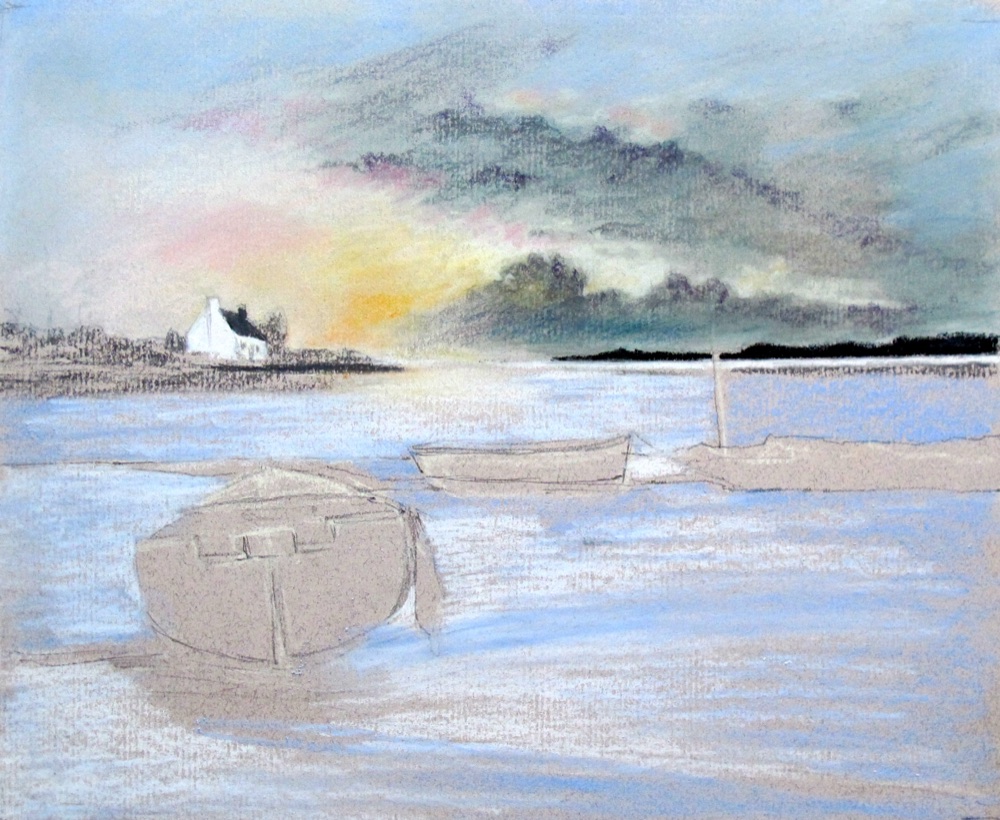 Still water blocked in with light blue and white, carrying the sunset reflection, boats still as outline