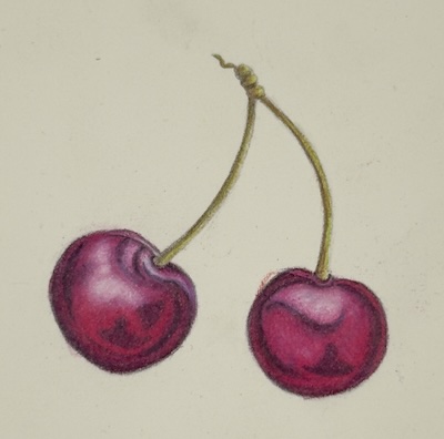 Colored pencil drawing of two shiny red cherries, demonstrating the burnishing technique