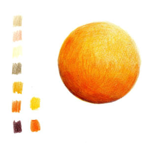 The completed burnished drawing of an orange