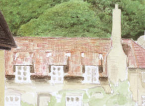 The first layers of colored pencil on the roof