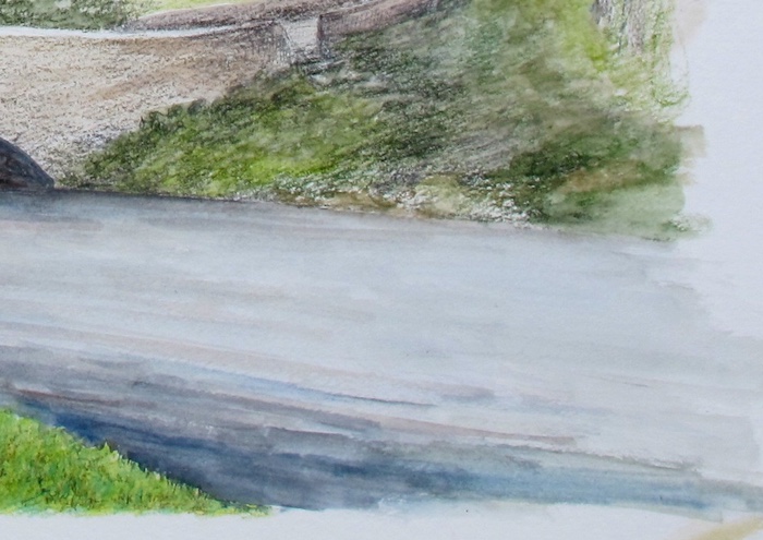 Painting the river section in the bottom right, showing layered glazes and texture effects with watercolour pencils. Painting the river section in the bottom right, showing layered glazes and texture effects with watercolour pencils.