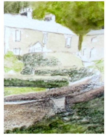 Close-up watercolour pencil technique on Brokken Bridge stone wall Close-up watercolour pencil technique on Brokken Bridge stone wall