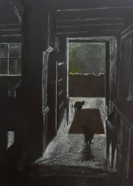 An excellent example of using fixative as a working tool: This pastel pencil sketch on black paper by Peter Weatherill has been fixed to seal the initial layer, preparing it for further coloured pencil work or other media.