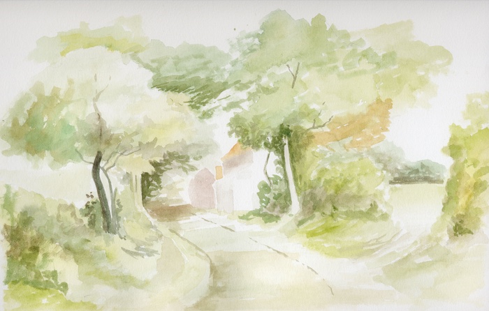 The country lane watercolour pencil underpainting after a second layer of washes, showing deepened colours and the addition of darker tones in areas of shadow on the trees and path.