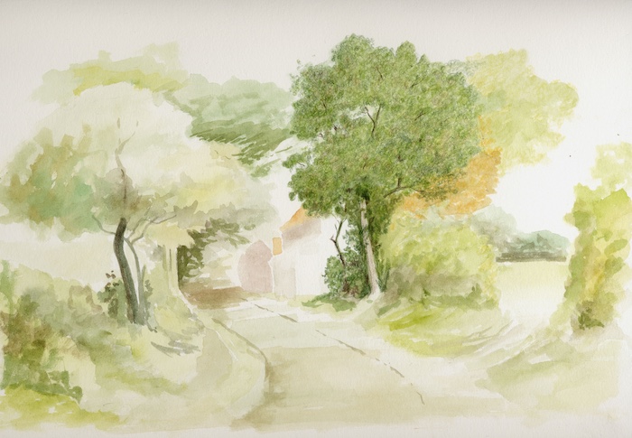 The country lane artwork now shows layers of dry coloured pencil applied over the watercolour underpainting, with detailed texture and richer colour visible on the central tree and its trunk.