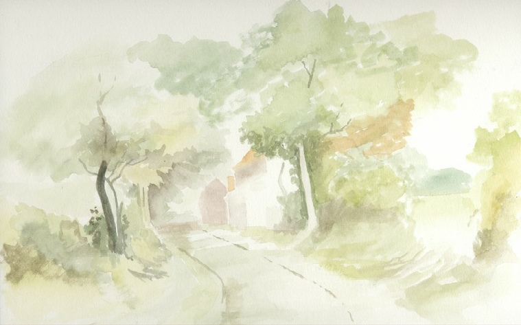 Early stage of a landscape watercolour pencil underpainting, showing very pale, translucent washes of green, yellow, and orange defining the initial shapes of trees, a distant cottage, and a road.