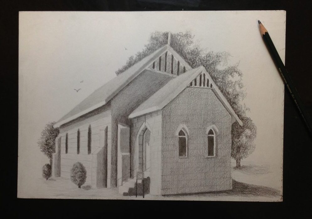 Graphite drawing of a church worked out in two point perspective