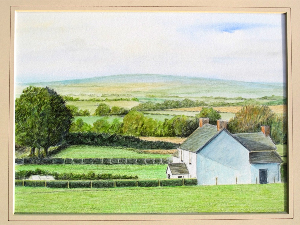 Finished framed watercolour pencil painting of the farm near Pen y Fan with the Brecon hills behind