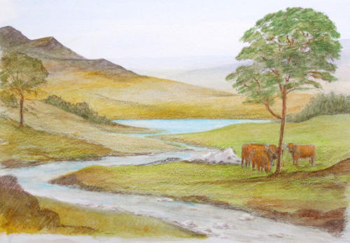 The finished Scottish scene with an aquarelle background The finished Scottish scene with an aquarelle background