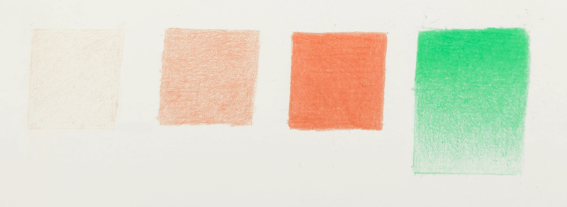 Four coloured pencil pressure examples showing pale layering on left, solid mid-tone coverage in center, heavy burnished application, and smooth pressure gradient on right Four coloured pencil pressure examples showing pale layering on left, solid mid-tone coverage in center, heavy burnished application, and smooth pressure gradient on right
