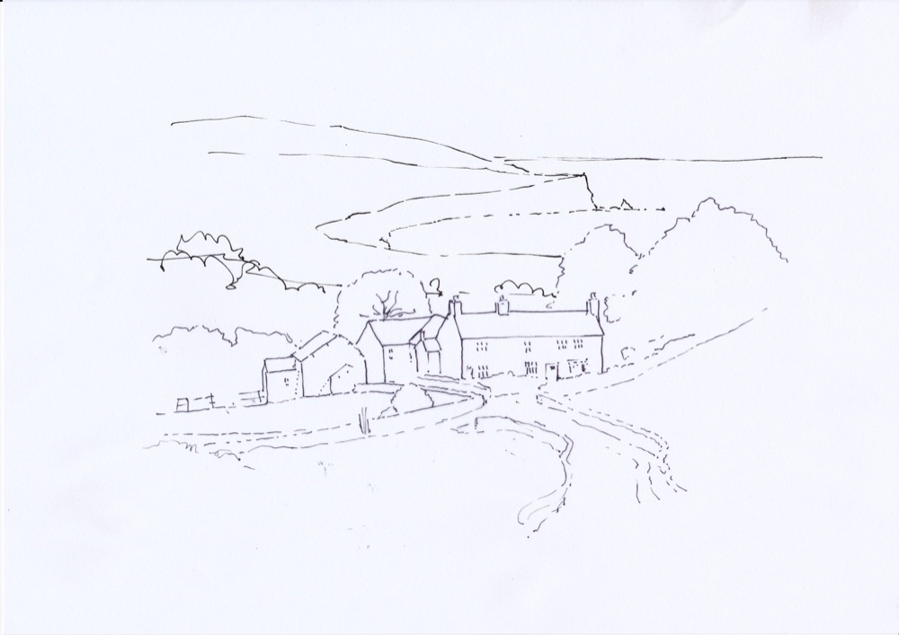Alternative outline of the hill farm with a coastal bay in the background instead of a valley