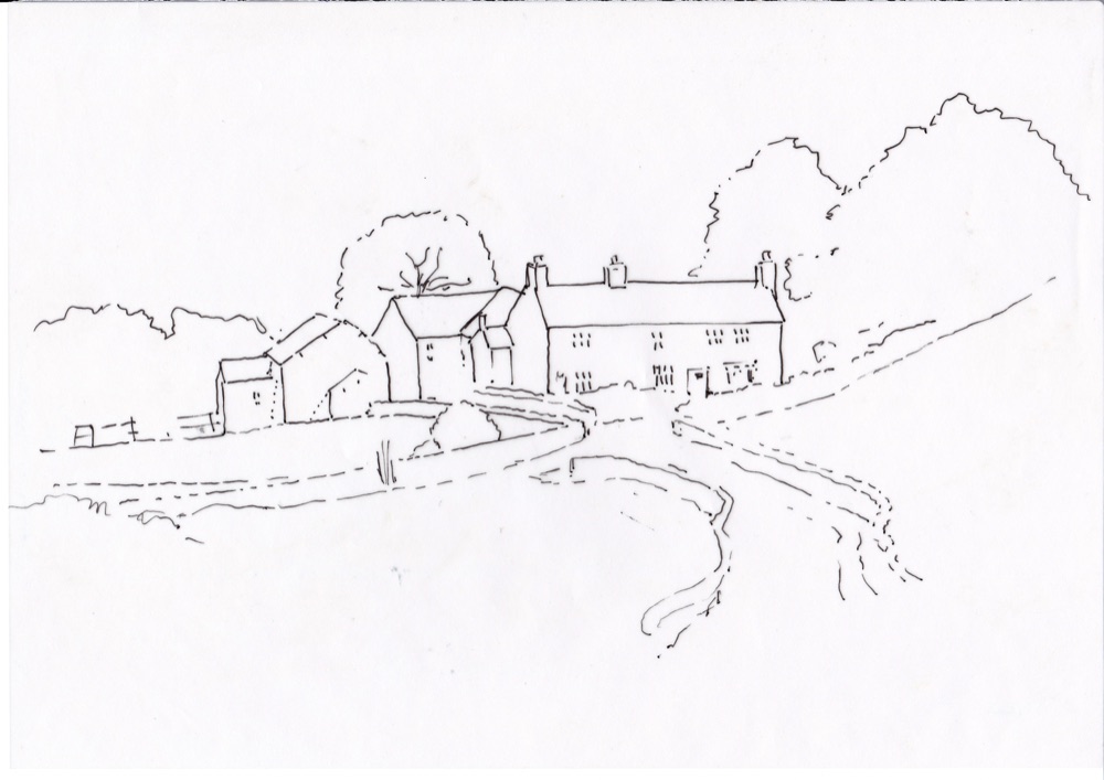 Line outline of the hill farm and its framing trees