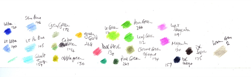 Faber-Castell Polychromos colour chart for the Alum Bay coloured pencil landscape, with blues, greens, magenta and sepia swatches