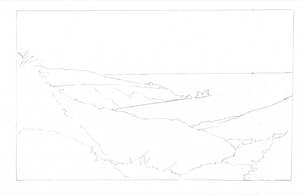 Pencil outline drawing of the Alum Bay headland and the Needles inside a drawn frame