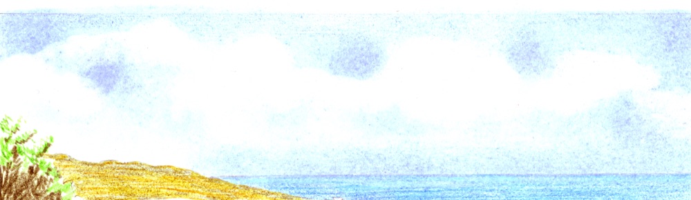 Detail of the soft coloured pencil sky at Alum Bay, with white-paper clouds and pale blue worked around them