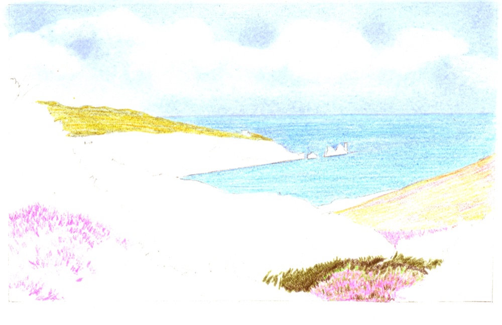 Early stage of the Alum Bay coloured pencil drawing, with sky and sea washed in and base colours blocked on the cliffs and heather