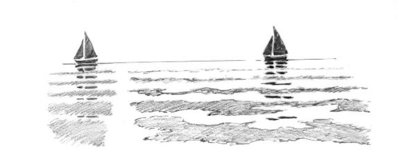 Diagram of broken reflections of yachts in water