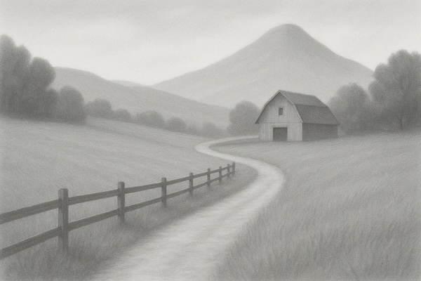 Grayscale landscape drawing illustrating leading lines, where a winding path and fence guide the viewer's eye back towards a barn nestled near hills.