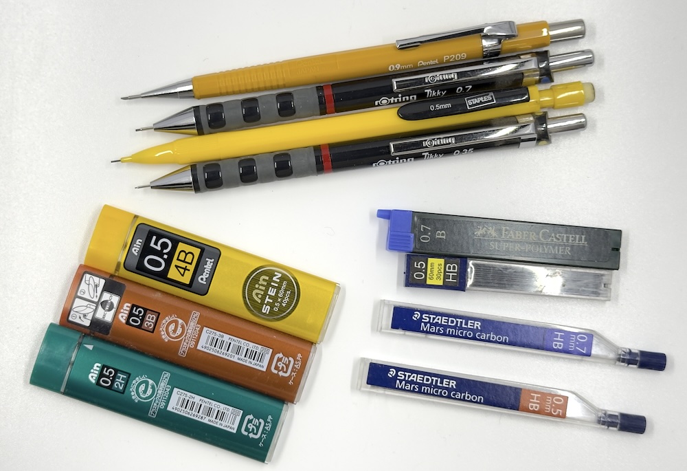 An assortment of my mechanical pencils and leads