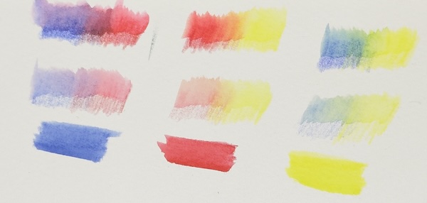 Colourful test swatches of watercolour pencils showing dry pencil strokes transitioning into vibrant wet washes and smoothly blended colours, illustrating the importance of testing colours before painting