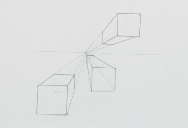 Diagram demonstrating one-point perspective, showing how three boxes drawn above, below, and on the eye level line recede towards a single central vanishing point.