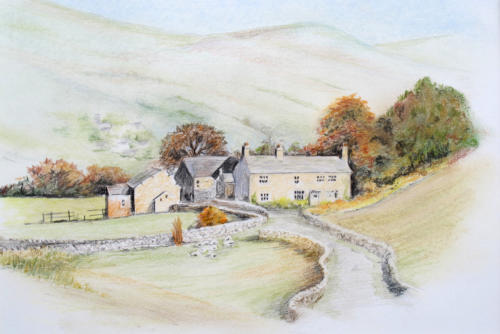 Hill Farm drawing worked in watercolour pencil and pastel