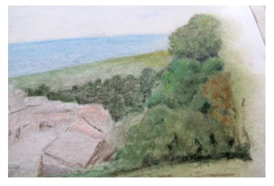 Adding depth to the trees using coloured pencil