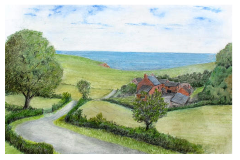 The completed pastel drawing with coloured pencils on top