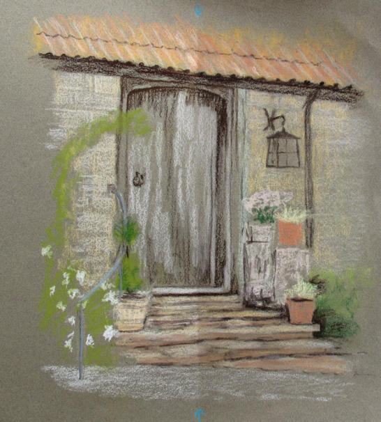 Pastel pencil drawing of a doorway, with the right side sprayed with fixative and appearing darker than the unfixed left side.
