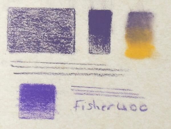 Test swatches on gritty Tim Fisher 400 paper: Pastel pencils are vivid but dusty; Polychromos achieve quick coverage. Linework is soft for both
