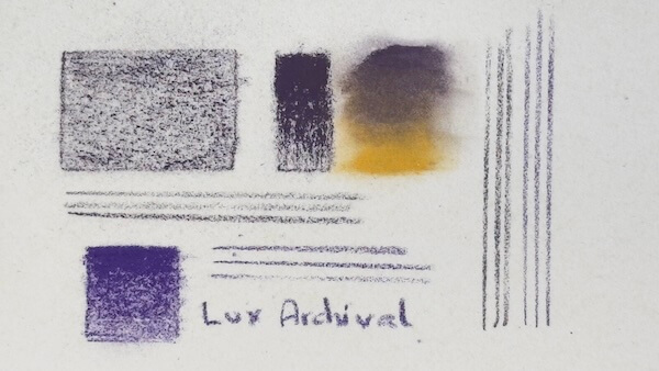 Test swatches on Lux Archival paper: Highlights its effective but non-aggressive tooth, superb layering for pastel and coloured pencils, and ability to hold fine detail.