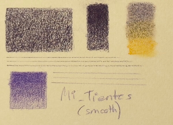 Canson Mi-Teintes (smoother side) tests: Demonstrates effective application for both pastel pencils (6 layers) and dry coloured pencils (5-6 layers)
