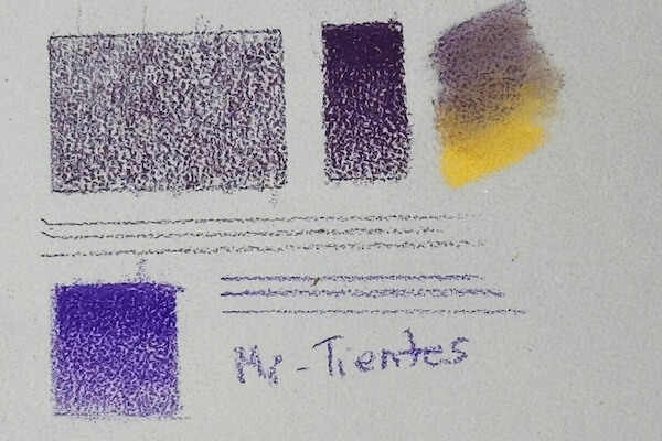 Canson Mi-Teintes Touch paper tests: Shows excellent layering (7+) for pastel pencils and good layering (~5) for Polychromos