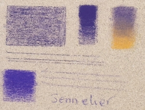 Test swatches on Sennelier Pastel Card (sandy colour): Highlights its unique fibrous texture, superb pastel pencil blending, and mixed performance with dry coloured pencils.