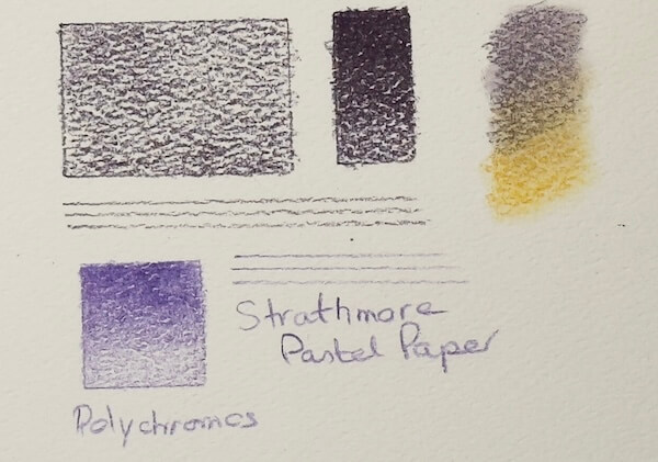 Strathmore 118gsm Pastel Paper tests: Shows smooth glide for pastel pencils but poor layering for Polychromos coloured pencils due to surface slickness.