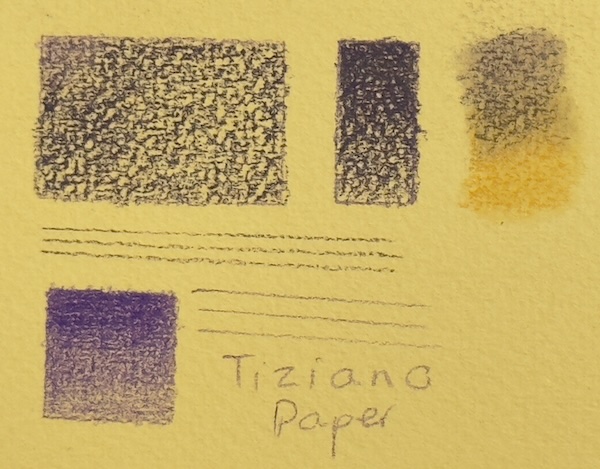 Test swatches on Fabriano Tiziano paper: Demonstrates good layering and blending for Cretacolor pastel pencils and impressive performance with Polychromos coloured pencils.