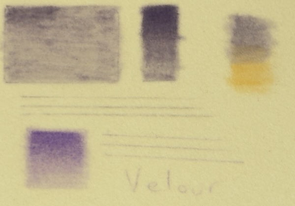 Hahnemühle Velour paper tests: Shows soft, diffused marks for pastel pencils and Polychromos, good layering, no lead wear, but difficult for crisp detail or finger blending.