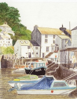 Watercolour pencil painting of Polperro harbour