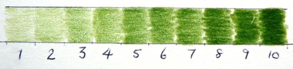 Coloured pencil layering progression from light green base to dark green, numbered 1-10, showing cumulative color building Coloured pencil layering progression from light green base to dark green, numbered 1-10, showing cumulative color building